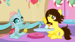 Size: 1024x579 | Tagged: safe, artist:ilovecreativity14, artist:maddieinchina, ocellus, oc, oc:pashy, changedling, changeling, earth pony, pony, g4, base used, cupcake, cute, diaocelles, duo, duo female, female, food, mare, smiling