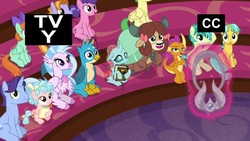 Size: 1920x1080 | Tagged: safe, screencap, auburn vision, berry blend, berry bliss, citrine spark, cozy glow, gallus, huckleberry, november rain, ocellus, peppermint goldylinks, sandbar, silverstream, smolder, yona, changedling, changeling, classical hippogriff, dragon, earth pony, griffon, hippogriff, pegasus, pony, unicorn, yak, a matter of principals, g4, amulet, amulet of aurora, azurantium, bow, cloven hooves, dragoness, female, filly, friendship student, hair bow, jewelry, magic, male, monkey swings, necklace, notebook, school of friendship, stallion, student six, teenager, telekinesis