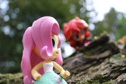 Size: 6000x4000 | Tagged: safe, artist:artofmagicpoland, fluttershy, sunset shimmer, equestria girls, g4, clothes, doll, equestria girls minis, eqventures of the minis, exploitable meme, female, lesbian, looking at each other, meme, relaxing, ship:sunshyne, shipping, skirt, spying, tank top, toy