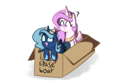 Size: 1304x890 | Tagged: safe, artist:corrumi, princess celestia, princess luna, alicorn, pony, g4, box, cartographer's cap, cute, duo, female, filly, hat, lunabetes, paper hat, question mark, royal sisters, silly, simple background, white background, woona, younger