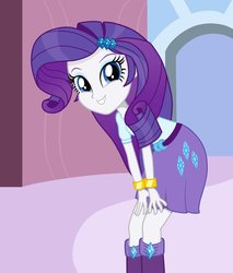 Size: 825x968 | Tagged: safe, artist:tabrony23, rarity, equestria girls, g4, beautiful, belt, bent over, blue eyes, bracelet, carousel boutique, clothes, cute, female, hairpin, hands on thighs, jewelry, looking at you, raribetes, shirt, show accurate, skirt, smiling, solo, teenager