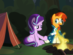 Size: 6000x4500 | Tagged: safe, artist:mundschenk85, starlight glimmer, sunburst, pony, g4, absurd resolution, campfire, duo, female, food, forest, grass, male, mare, marshmallow, open mouth, show accurate, smiling, stallion, tent, vector