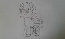 Size: 3333x2000 | Tagged: safe, artist:peternators, oc, oc only, oc:heroic armour, pony, clothes, colt, crossdressing, high res, male, monochrome, pullover, shoes, sketch, socks, solo, traditional art, younger