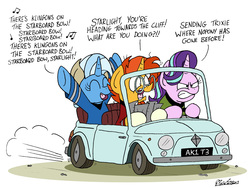 Size: 2423x1819 | Tagged: safe, artist:bobthedalek, starlight glimmer, sunburst, trixie, pony, unicorn, g4, angry, car, clothes, costume, driving, fake ears, fiat, fiat 500, map, singing, song reference, star trek, this will end in death, this will end in pain