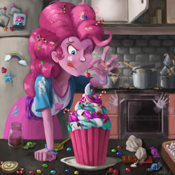 Size: 1024x1024 | Tagged: safe, artist:dehon, artist:erlanderson, pinkie pie, equestria girls, g4, candy, cherry, collaboration, cupcake, female, food, kitchen, one eye closed, solo, sweets, tongue out