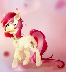 Size: 1230x1351 | Tagged: safe, artist:mayer, roseluck, earth pony, pony, g4, brush, collar, commissioner:doom9454, cute, digital art, female, fluffy, hairbrush, mare, pet tag, pony pet, rosepet, solo