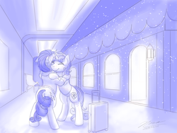 Size: 1024x768 | Tagged: safe, artist:novaintellus, rarity, sweetie belle, pony, unicorn, g4, atg 2018, clothes, duo, eyes closed, hug, monochrome, newbie artist training grounds, older, shirt, smiling, snow, suitcase, sweater, train, winter