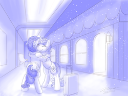 Size: 1024x768 | Tagged: safe, artist:novaintellus, rarity, sweetie belle, pony, unicorn, g4, atg 2018, clothes, duo, eyes closed, female, hug, monochrome, newbie artist training grounds, older, shirt, sibling love, siblings, sisterly love, sisters, smiling, snow, suitcase, sweater, train, winter