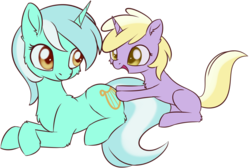 Size: 1163x781 | Tagged: safe, artist:dusthiel, dinky hooves, lyra heartstrings, pony, unicorn, g4, atg 2018, duo, duo female, female, filly, mare, newbie artist training grounds, prone, simple background, smiling, transparent background