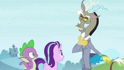 Size: 1920x1080 | Tagged: safe, screencap, discord, spike, starlight glimmer, dragon, pony, a matter of principals, g4, my little pony: friendship is magic, clothes, suit, winged spike, wings