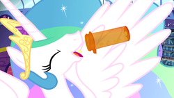 Size: 1824x1026 | Tagged: safe, artist:dwk, princess celestia, alicorn, pony, totally legit recap, g4, eyes closed, female, mare, pills, youtube link