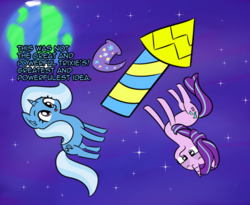Size: 1640x1348 | Tagged: safe, artist:artiks, starlight glimmer, trixie, pony, unicorn, g4, atg 2018, clothes, dialogue, duo, female, great and powerful, hat, mare, newbie artist training grounds, planet, rocket, space, starlight glimmer is not amused, stars, toy interpretation, trixie's hat, trixie's rocket, unamused