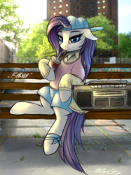 Size: 1347x1800 | Tagged: safe, artist:pony-way, rarity, pony, unicorn, friendship university, alternate hairstyle, backwards ballcap, baseball cap, bench, boombox, cap, cassette player, clothes, cup, drinking, female, hat, looking at you, mare, photo, plainity, ponies in real life, radio, shirt, shorts, sitting, sketch, solo, tree