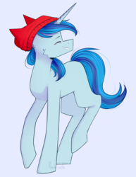 Size: 1280x1661 | Tagged: safe, artist:cupofvanillatea, oc, oc only, pony, unicorn, beanie, blue background, eyes closed, female, hat, mare, simple background, solo