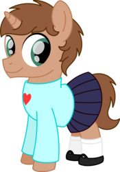 Size: 1235x1768 | Tagged: safe, artist:peternators, oc, oc only, oc:heroic armour, pony, unicorn, clothes, colt, crossdressing, cute, male, mary janes, pleated skirt, pullover, shoes, simple background, skirt, socks, solo, sweater, transparent background, younger