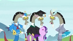 Size: 1920x1080 | Tagged: safe, screencap, discord, spike, starlight glimmer, draconequus, dragon, pony, a matter of principals, g4, clothes, discord crew, graduation cap, hat, multeity, nose in the air, sailor suit, self ponidox, suit, winged spike, wings