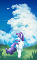 Size: 1200x1920 | Tagged: safe, artist:laptop-pone, rarity, pony, unicorn, g4, butt, cloud, female, grass, looking at you, looking back, looking back at you, mare, plot, rearity, signature, solo
