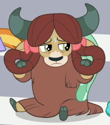 Size: 692x785 | Tagged: safe, screencap, sandbar, yona, pony, yak, a matter of principals, g4, animated, bow, cloven hooves, cropped, cute, female, hair bow, lööps, monkey swings, offscreen character, playing with hair, sad, silly, sitting, solo focus, sweat, yonadorable