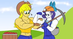 Size: 1536x824 | Tagged: safe, artist:matchstickman, applejack, rarity, human, g4, abs, apple, applejacked, barrel, biceps, clothes, cowboy hat, duo, duo female, female, flexing, food, gem, gloves, hat, hill, humanized, miner, muscles, muscular female, overalls, pickaxe, ribbon, ripped rarity, shoulder bag, smiling, stetson, whistling