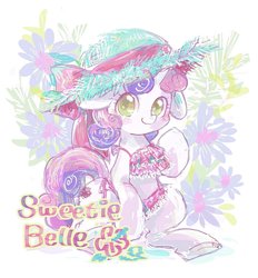 Size: 1337x1442 | Tagged: safe, artist:osawari64, sweetie belle, pony, unicorn, g4, bikini, clothes, cute, diasweetes, female, filly, flower, hat, looking at you, solo, swimsuit