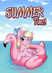 Size: 1970x2752 | Tagged: safe, artist:sonigiraldo, oc, oc only, oc:bay breeze, flamingo, pegasus, pony, blushing, bow, cloud, cute, female, floaty, hair bow, heart, heart eyes, inflatable, inflatable toy, looking at you, mare, ocean, pool toy, sky, solo, text, wingding eyes