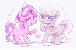 Size: 1285x843 | Tagged: safe, artist:osawari64, diamond tiara, silver spoon, earth pony, pony, g4, duo, female, filly, glasses, heart, simple background, white background