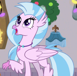 Size: 1099x1080 | Tagged: safe, screencap, silverstream, classical hippogriff, hippogriff, g4, the hearth's warming club, animated, boomerang (tv channel), cute, diastreamies, female, jewelry, necklace, silly, trotting, trotting in place, wreath