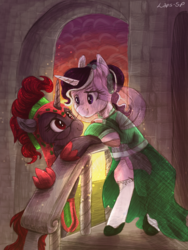 Size: 768x1024 | Tagged: safe, artist:laps-sp, oc, oc only, oc:curse word, oc:magpie, pony, unicorn, clothes, dress, female, helmet, lesbian, mare, oc x oc, pinkie tales, shipping