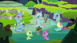 Size: 1280x720 | Tagged: safe, screencap, axilla, carapace (character), lumbar, ocellus, spiracle, changedling, changeling, nymph, the hearth's warming club, animated, cute, cuteling, cuteness overload, cycle, diaocelles, eyes closed, frown, funny, giving, happy, i have done nothing productive all day, loop, ocellus' family, open mouth, perfect loop, present, silly, sitting, smiling, sweet dreams fuel, talking