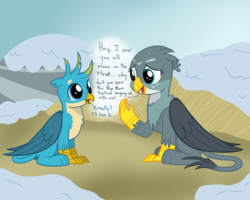 Size: 1000x800 | Tagged: safe, artist:mightyshockwave, gabby, gallus, griffon, g4, the hearth's warming club, blue moon festival, crying, cute, duo, gabbybetes, gallabetes, good end, griffonstone, invitation, snow, tears of joy, wholesome, winter