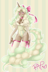 Size: 672x1000 | Tagged: safe, artist:rap1993, oc, oc only, oc:mint creame, unicorn, anthro, abstract background, blushing, bow, breasts, cleavage, clothes, digital art, female, hair bow, looking at you, mare, signature, socks, solo, thigh highs