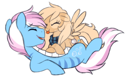 Size: 1023x621 | Tagged: safe, artist:azure-art-wave, oc, oc:liu, oc:mirta whoowlms, pegasus, pony, clothes, female, male, mare, scarf, simple background, tongue out, transparent background, watermark