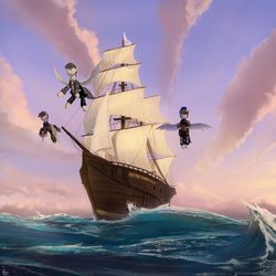 Size: 2560x2560 | Tagged: safe, artist:quvr, oc, pegasus, pony, fanfic:gryphon greed is good, commission, cover, fanfic, fanfic art, fanfic cover, flag, flag of equestria, flying, high res, male, ocean, outdoors, sailship, ship, the stern was fat, water, wave