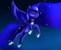 Size: 2300x1900 | Tagged: safe, artist:kelkessel, princess luna, alicorn, pony, g4, ethereal mane, eyes closed, female, flying, hoof shoes, horn, mare, night, sky, solo, stars, wings