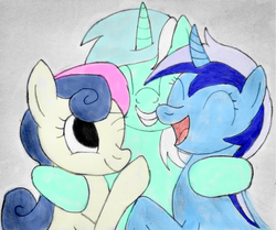 Size: 3700x3096 | Tagged: safe, artist:jesterofdestiny, bon bon, lyra heartstrings, minuette, sweetie drops, earth pony, pony, unicorn, g4, eyes closed, friends, friendshipping, group hug, high res, hug, one eye closed, open mouth, smiling, traditional art, trio