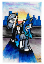 Size: 1024x1460 | Tagged: safe, artist:velvettia, oc, oc only, oc:paragraph, pony, unicorn, clothes, duo, duo female, female, lawyer, necktie, signature, suit, traditional art