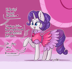 Size: 2016x1920 | Tagged: safe, artist:dsp2003, idw, rarity, pony, unicorn, g4, micro-series #3, my little pony micro-series, 30 minute art challenge, alternate hairstyle, clothes, comic, dress, ear fluff, female, good boy, heart, implied spike, mare, nervous, offscreen character, open mouth, raised hoof, scene interpretation, signature, single panel, solo, sweat, sweatdrop, this will end in tears