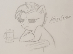 Size: 1545x1137 | Tagged: safe, artist:lucky dragon, oc, oc only, oc:just cause, earth pony, pony, alcohol, beer, ear piercing, female, grumpy, jewelry, mare, mug, piercing, signature, traditional art
