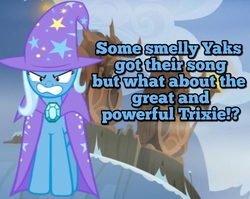Size: 926x737 | Tagged: safe, edit, edited screencap, screencap, trixie, g4, the hearth's warming club, angry, cape, clothes, hat, hilarious in hindsight, implied song, implied yaks, mouthpiece, teeth, trixie's cape, trixie's hat, yak song