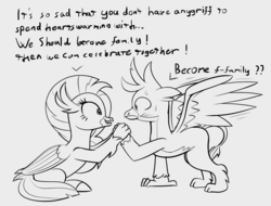 Size: 1273x967 | Tagged: safe, artist:foal, gallus, silverstream, classical hippogriff, griffon, hippogriff, g4, blushing, cute, dialogue, diastreamies, duo, female, friendshipping, gallabetes, male, misunderstanding, monochrome, ship:gallstream, spread wings, straight, text, wingboner, wings