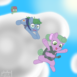 Size: 1500x1500 | Tagged: safe, artist:phallen1, oc, oc only, oc:nimbus (phallen1), oc:software patch, oc:windcatcher, atg 2018, cloud, danger, female, filly, hoof over mouth, jumping, newbie artist training grounds, parachute, rescue, sky, skydiving, windpatch