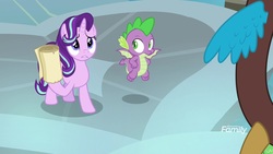 Size: 1920x1080 | Tagged: safe, screencap, discord, spike, starlight glimmer, dragon, pony, a matter of principals, g4, roll, scroll, winged spike, wings