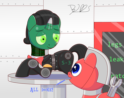 Size: 1783x1422 | Tagged: safe, artist:trackheadtherobopony, oc, oc:maxwell, oc:trackhead, pony, robot, robot pony, repair bay, screen, signature, text