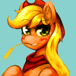 Size: 1200x1200 | Tagged: safe, artist:kunshomos-art, applejack, earth pony, pony, g4, bandana, blue background, cowboy hat, female, hat, looking at you, mare, neckerchief, simple background, solo, straw in mouth