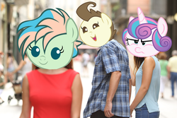 Size: 2500x1667 | Tagged: safe, edit, coral currents, pound cake, princess flurry heart, g4, the hearth's warming club, coralpound, distracted boyfriend meme, female, infidelity, male, meme, ship:poundflurry, shipping, straight