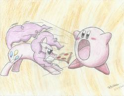 Size: 3281x2550 | Tagged: safe, artist:sakaerion, pinkie pie, earth pony, pony, puffball, g4, :o, crossover, female, food, frown, glare, gritted teeth, high res, kirby, kirby (series), kirby pie, mare, meat, mouth hold, open mouth, pepperoni, pepperoni pizza, pizza, pulling, sucking, traditional art, tug of war, wind, windswept mane