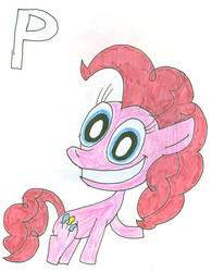 Size: 776x994 | Tagged: safe, artist:sithvampiremaster27, pinkie pie, earth pony, pony, g4, female, grin, initials, letter, looking at you, mare, p, simple background, smiling, solo, text, traditional art, waving, white background