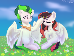 Size: 2000x1500 | Tagged: dead source, safe, artist:airfly-pony, oc, oc only, pegasus, pony, rcf community, armpits, cloud, female, flower, grass, happy, looking at each other, male, oc x oc, shipping, sky, smiling, sunlight, wings