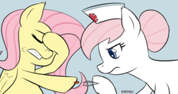 Size: 1000x533 | Tagged: safe, artist:empyu, fluttershy, nurse redheart, earth pony, pegasus, pony, g4, duo, female, gray background, hoof hold, mare, simple background, splinter, tweezers