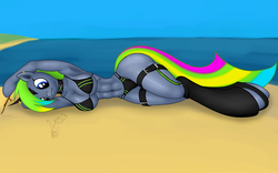 Size: 1920x1200 | Tagged: safe, artist:funkybacon, oc, oc only, oc:becky, anthro, unguligrade anthro, 2013, arm hooves, armpits, beach, clothes, female, ocean, sand, solo, swimsuit